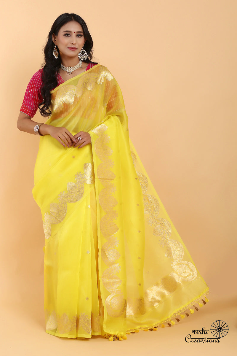 Lemon Yellow  Scallop Pure Kora Silk Handwoven Banarasi Saree