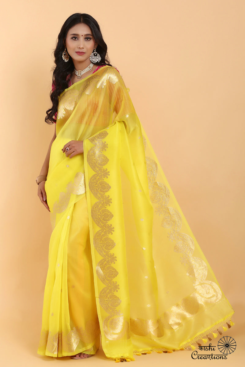 Lemon Yellow  Scallop Pure Kora Silk Handwoven Banarasi Saree