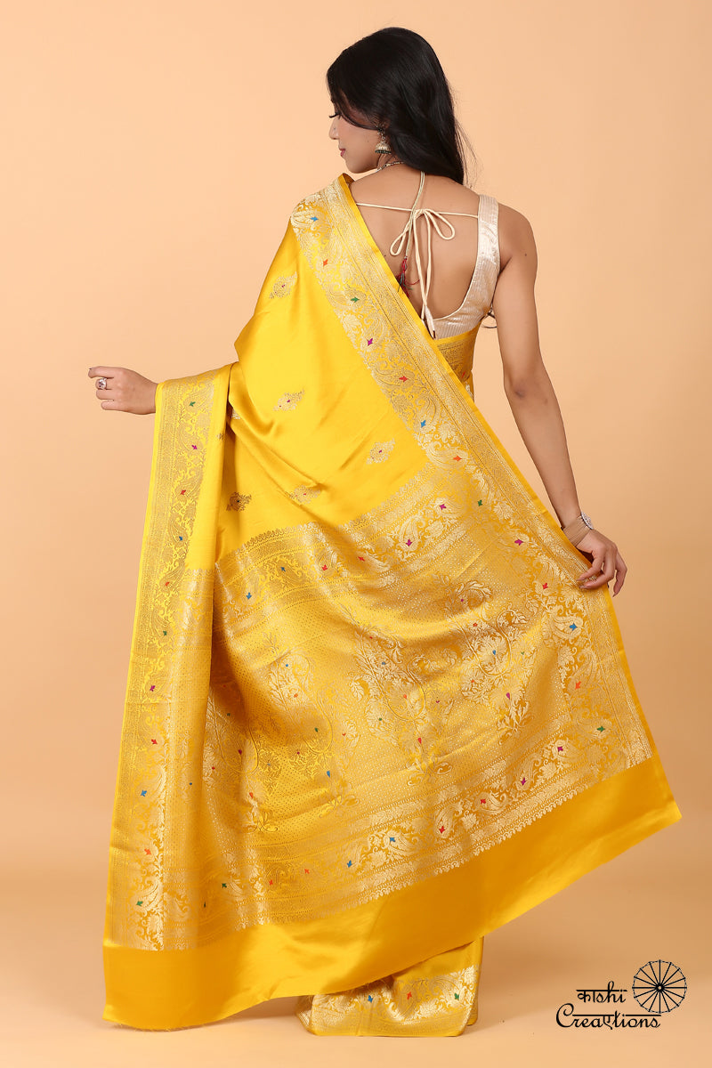 Yellow Pure Mashru Silk Handwoven Banarasi Saree