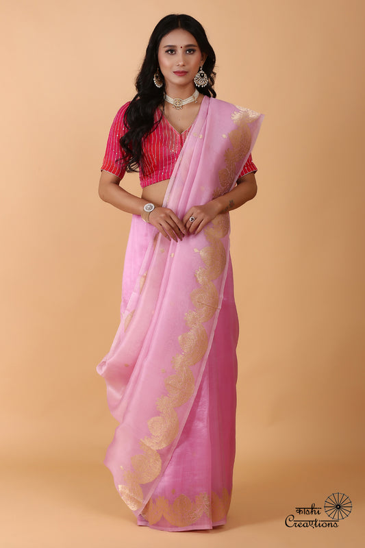 Onion pink Shaded Scallop Pure Kora Silk Handwoven Banarasi Saree