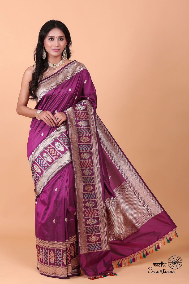 Wine Pure Katan Silk Handloom Banarasi Saree