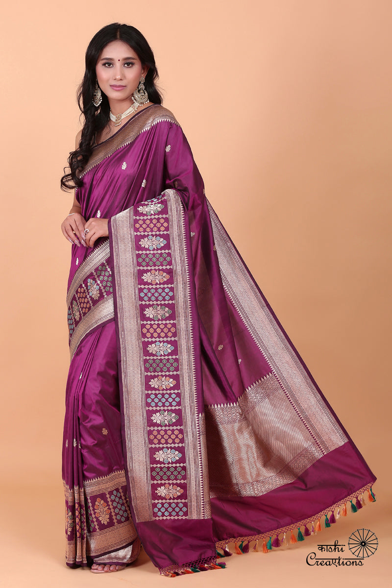 Wine Pure Katan Silk Handloom Banarasi Saree