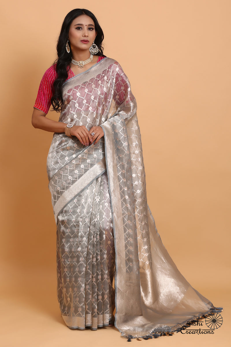 Silver Grey Jungla Pure Tissue Silk Handwoven Banarasi Saree