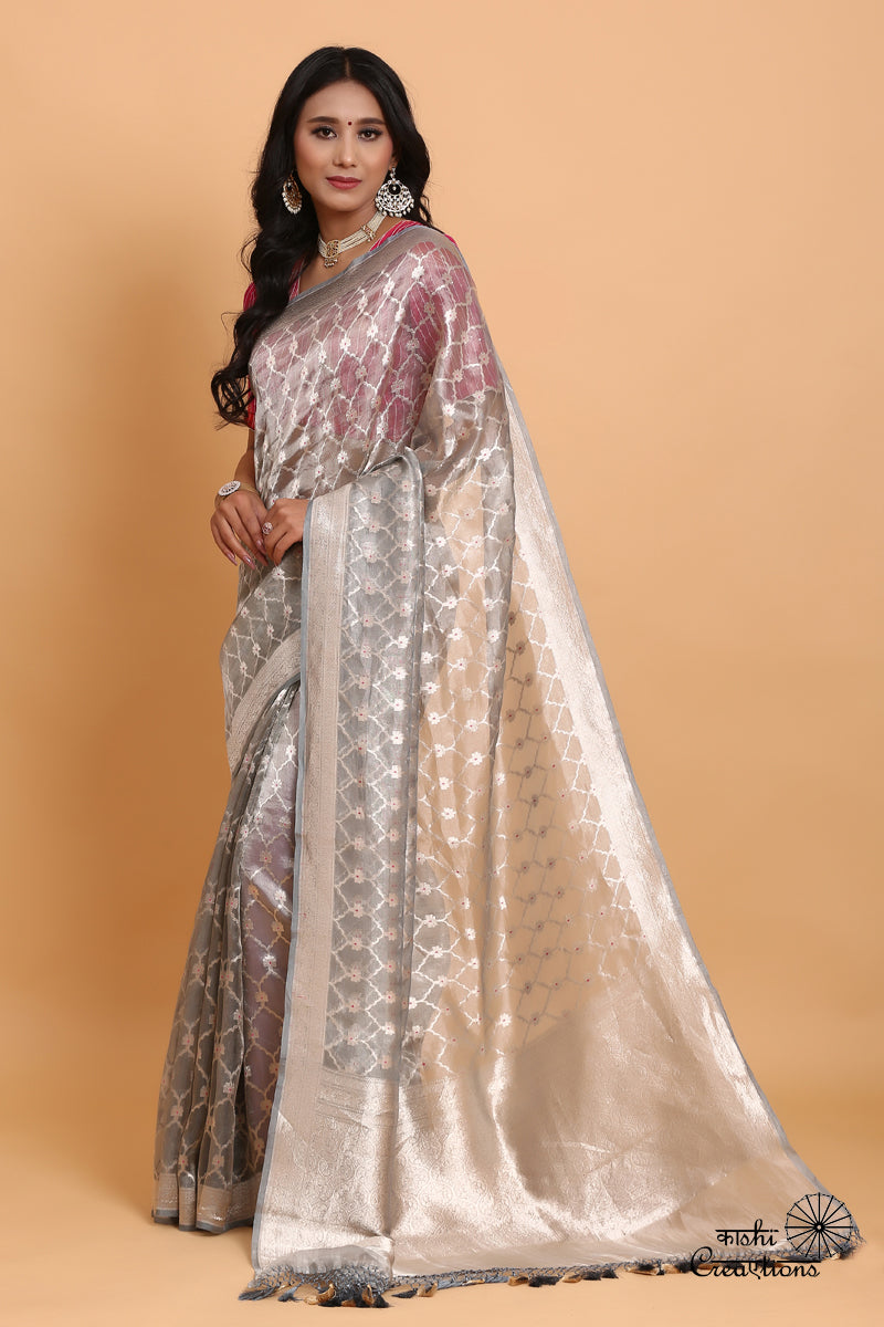Silver Grey Jungla Pure Tissue Silk Handwoven Banarasi Saree