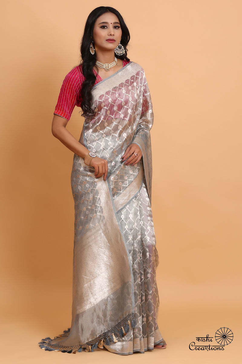 Silver Grey Jungla Pure Tissue Silk Handwoven Banarasi Saree