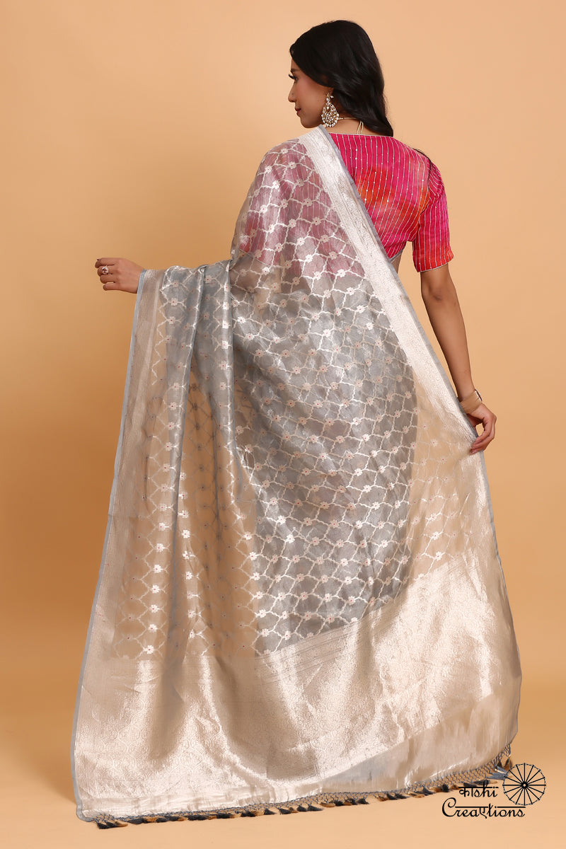 Silver Grey Jungla Pure Tissue Silk Handwoven Banarasi Saree