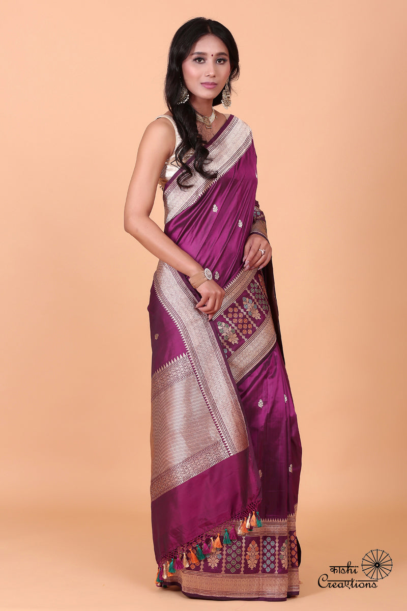 Wine Pure Katan Silk Handloom Banarasi Saree