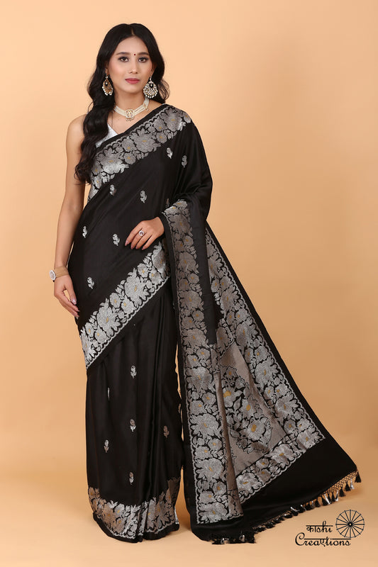 Black Pure Mashru Silk Handwoven Banarasi Saree