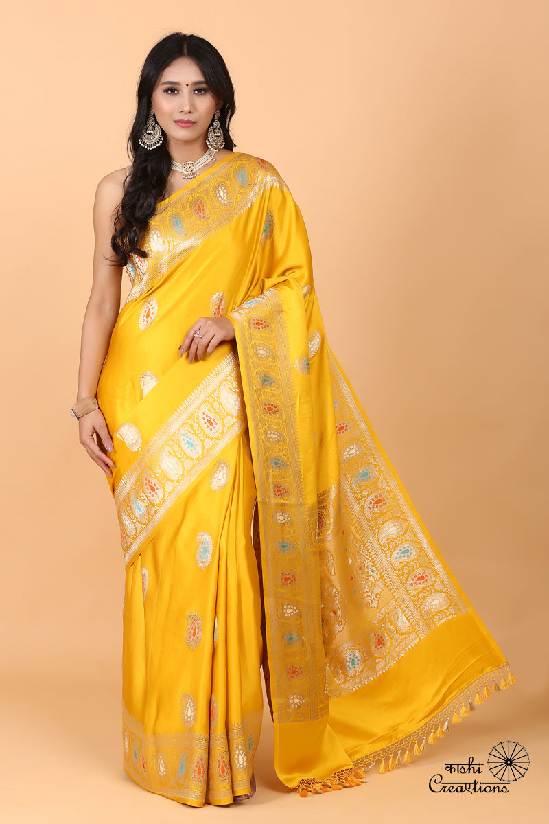 Mustard Yelllow Pure Mashru Silk Handwoven Banarasi Saree