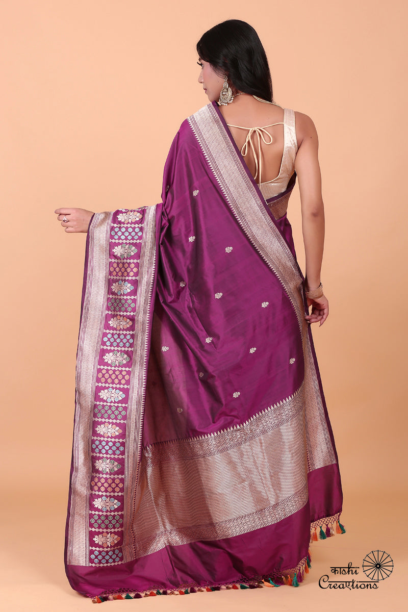 Wine Pure Katan Silk Handloom Banarasi Saree