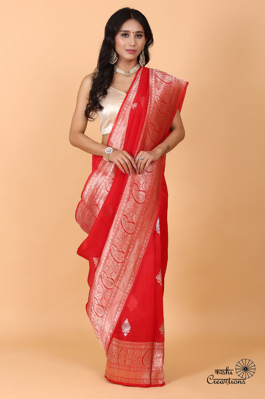 Red Pure Kora Handloom Banarasi Saree