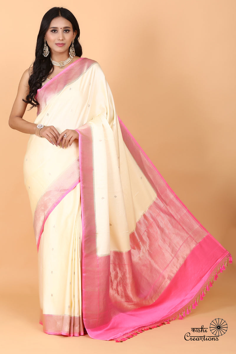 Cream and Pink Pure Mashru Silk Handwoven Banarasi Saree