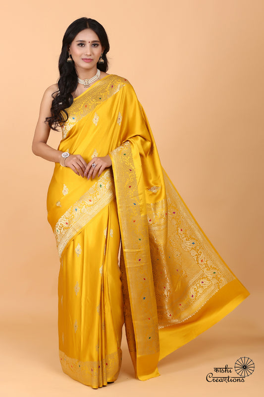 Yellow Pure Mashru Silk Handwoven Banarasi Saree