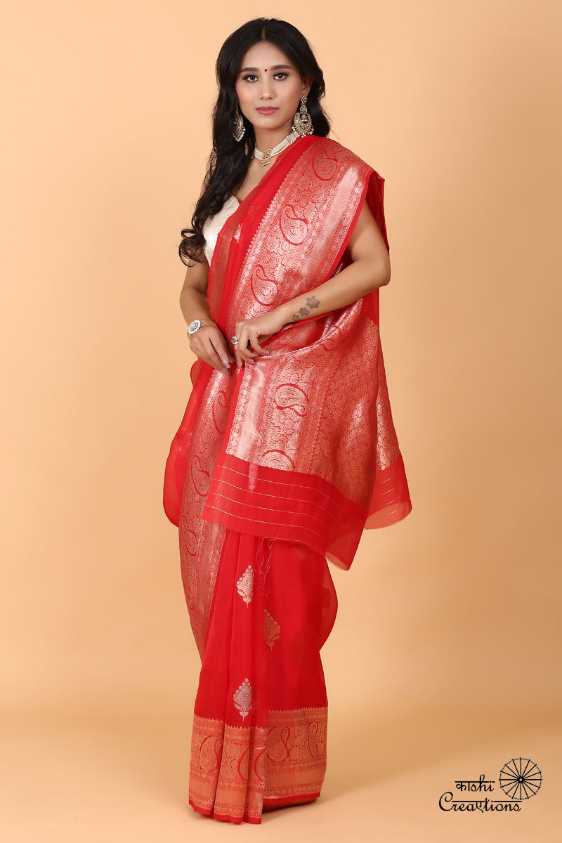 Red Pure Kora Handloom Banarasi Saree