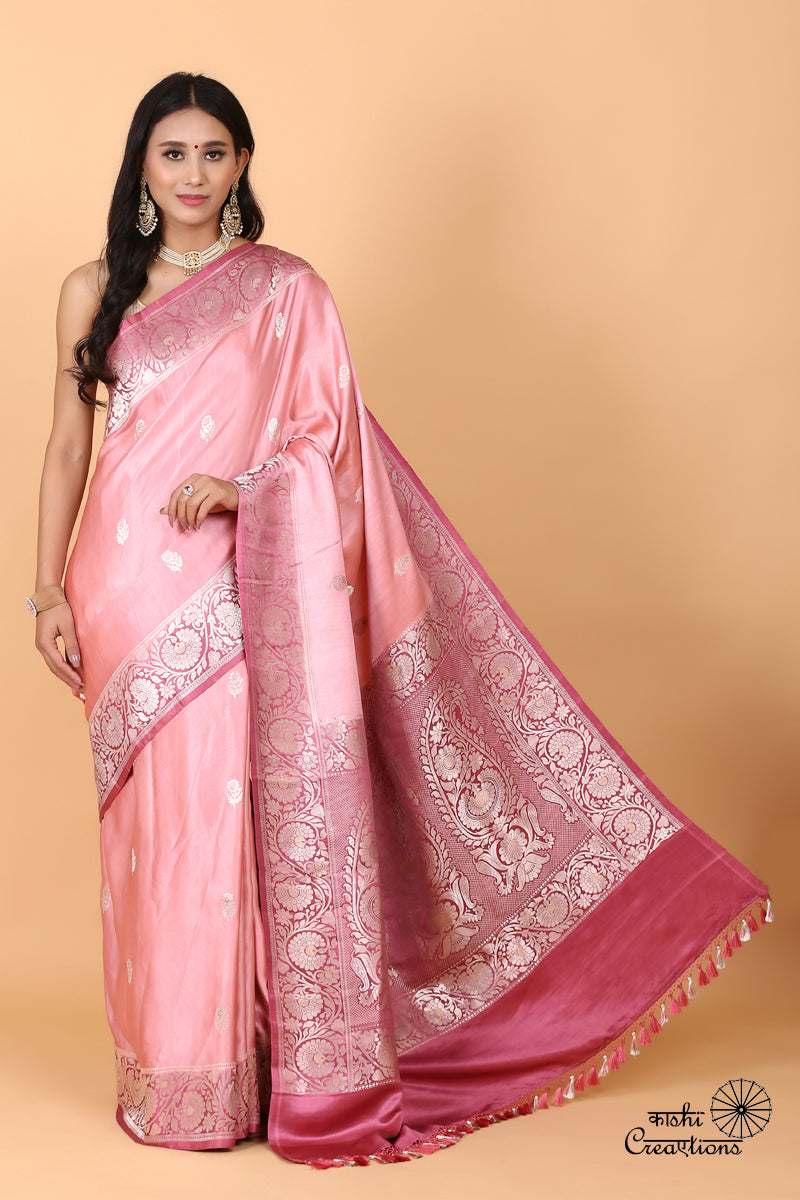 Lotus Pink Shaded Pure Mashru Silk Handwoven Banarasi Saree