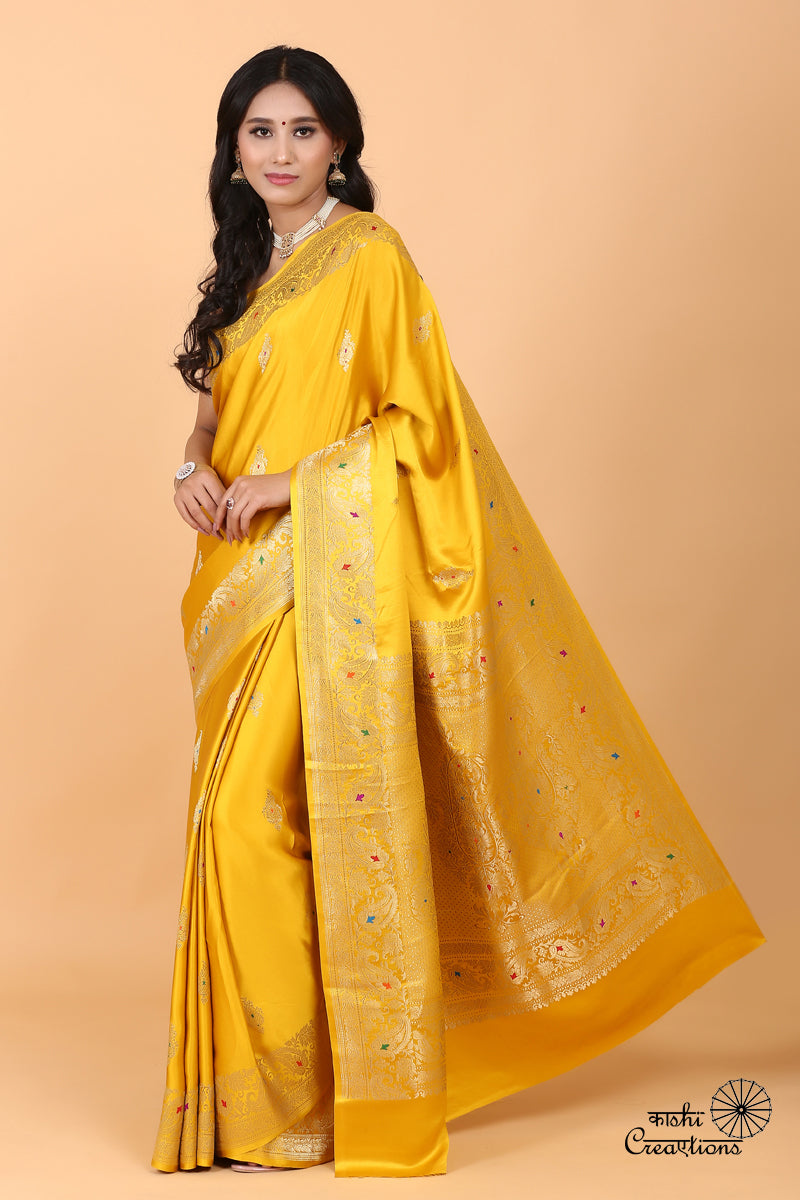 Yellow Pure Mashru Silk Handwoven Banarasi Saree