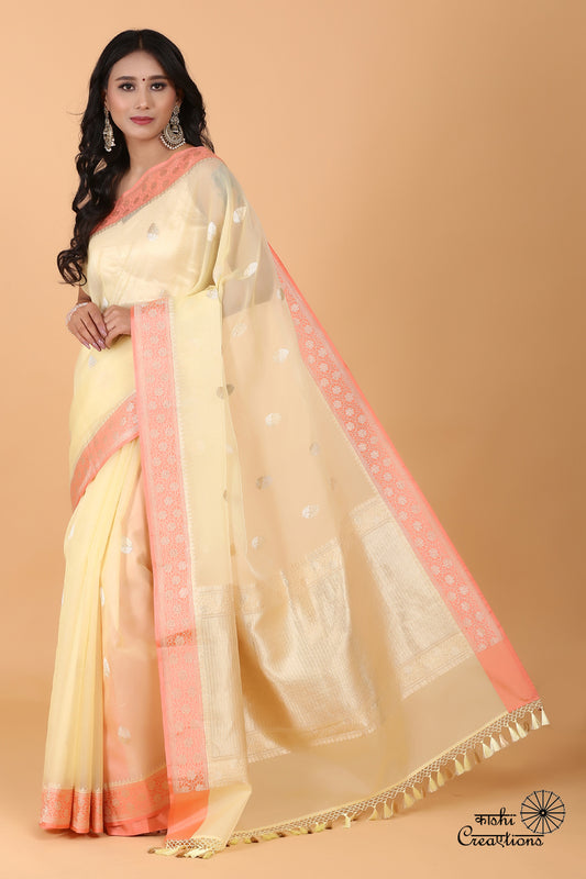 Light Yellow and Pure Kora Silk Handwoven Banarasi Saree