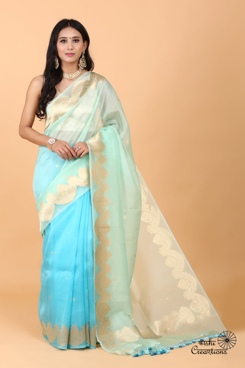 Sky Blue Shaded Pure Kora Silk Scallop Handloom Banarasi Saree