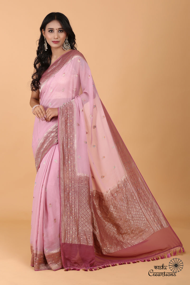 Lilac Shaded Pure Chiffon Georgette Handloom Banarasi Saree