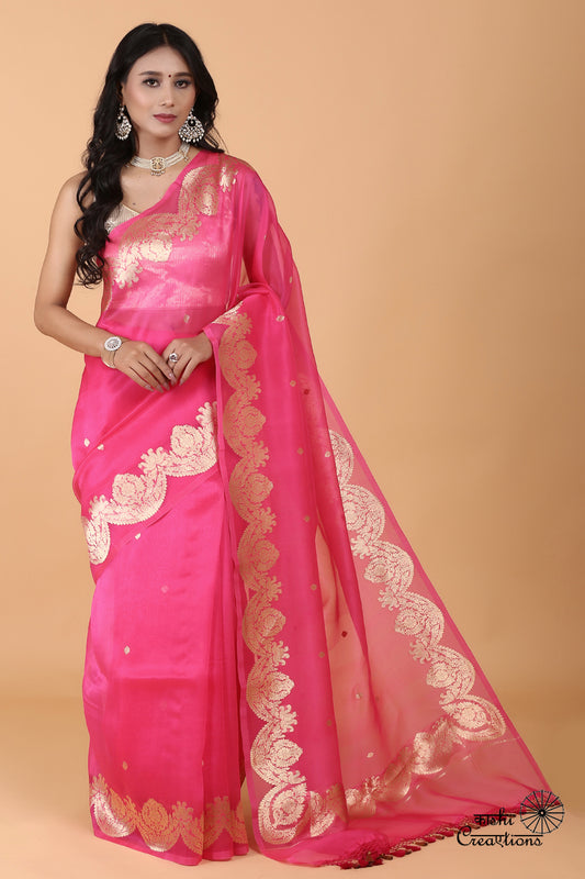 Hot Pink Scallop Pure Kora Silk Handwoven Banarasi Saree