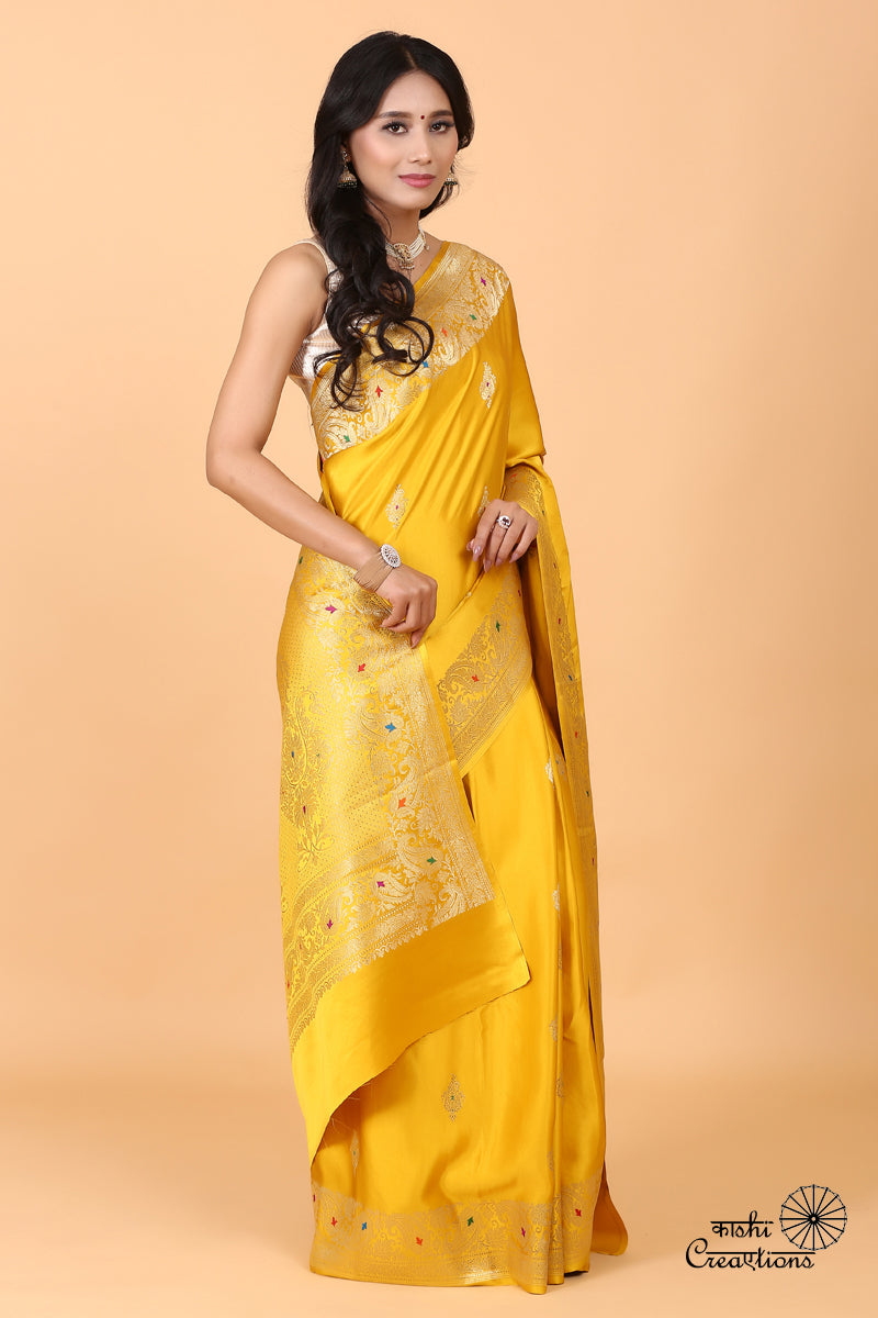 Yellow Pure Mashru Silk Handwoven Banarasi Saree