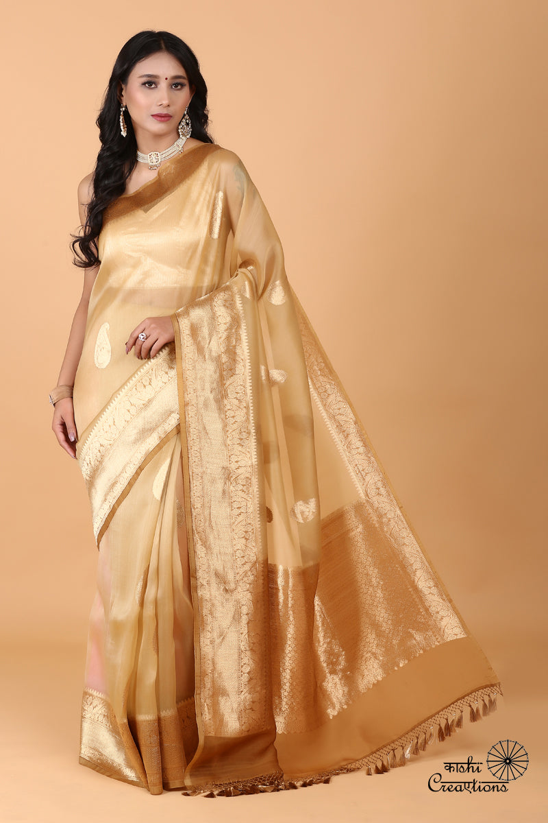 Beige Brown Pure Kora Silk Handwoven Banaras Saree