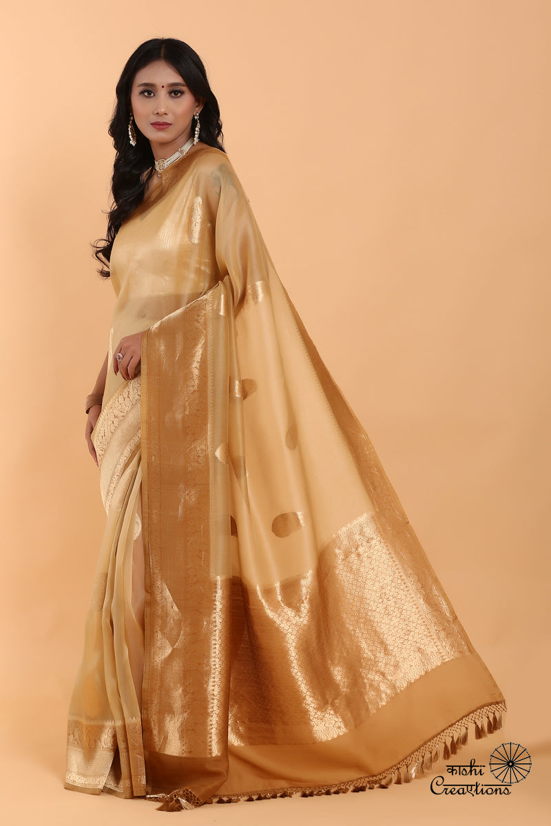 Beige Brown Pure Kora Silk Handwoven Banaras Saree