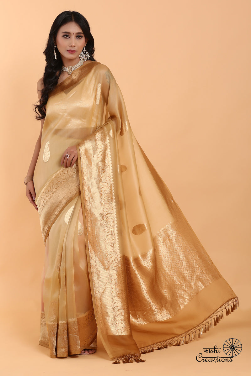 Beige Brown Pure Kora Silk Handwoven Banaras Saree