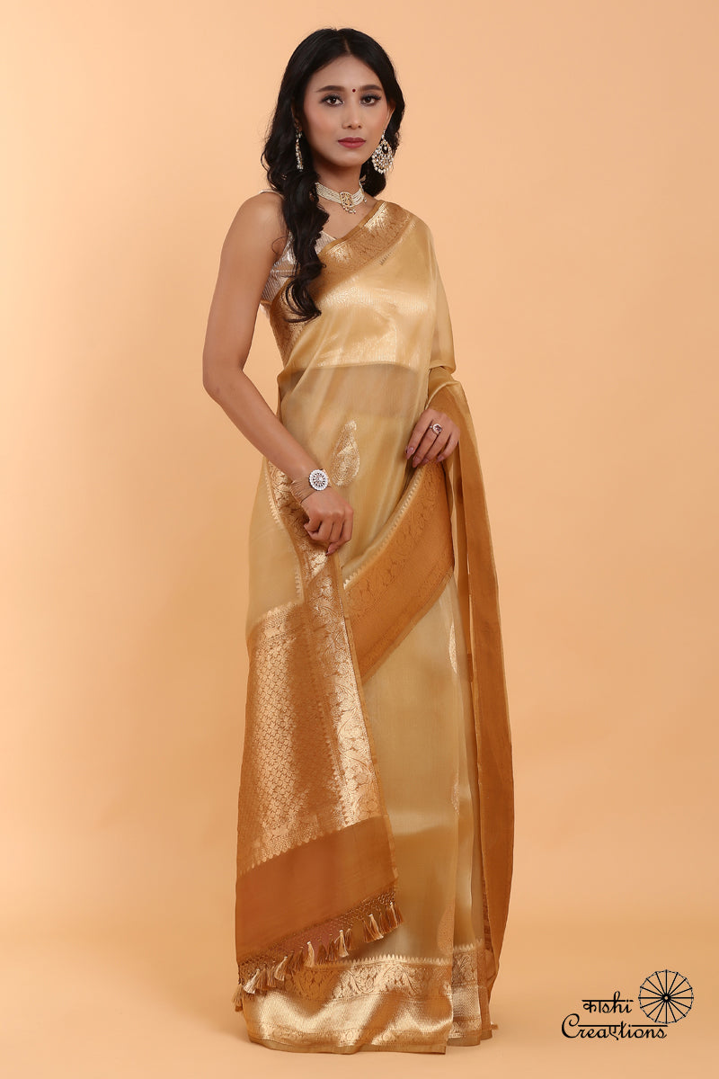 Beige Brown Pure Kora Silk Handwoven Banaras Saree