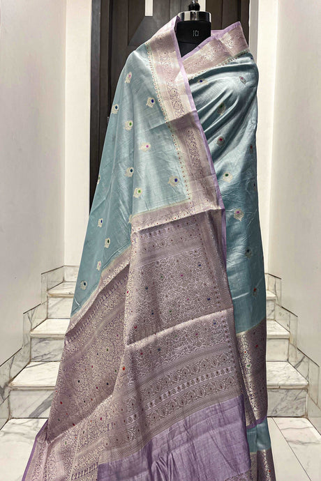 Light Torquise and Purple Banarasi Handloom Pure Silk Saree