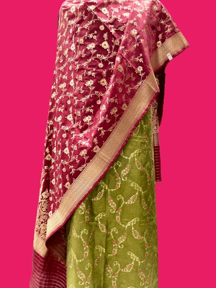 Green and Maroon Combination Semi Sik Banarasi Handloom suit