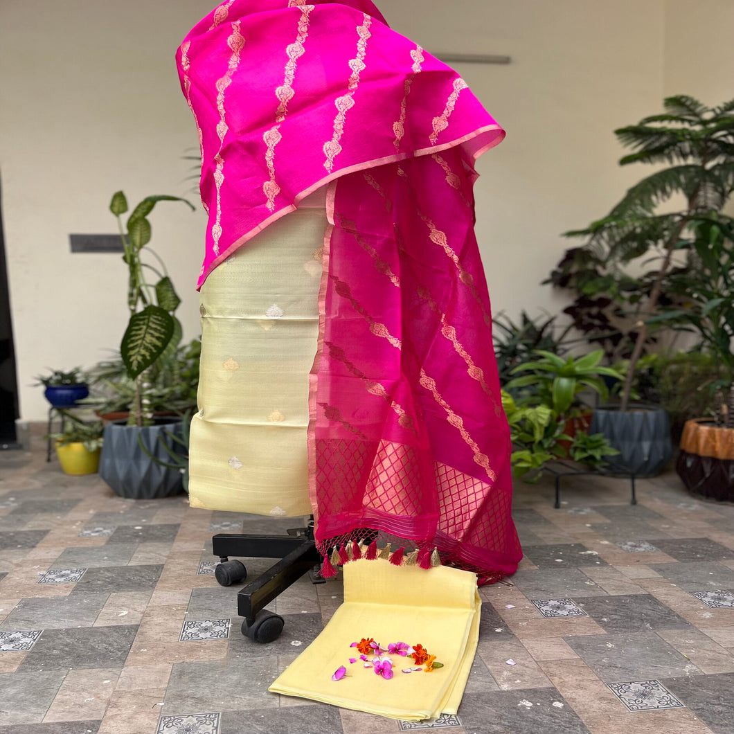 Light Yellow Pure Kora Silk Suit Suit with Pink Lehariya Bel Kora Silk Handwoven Dupatta