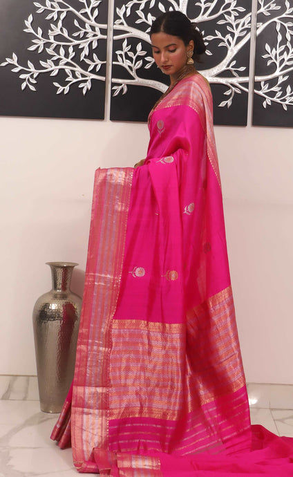 Hot Pink Border Buti Pure Katan Silk Handloom Saree