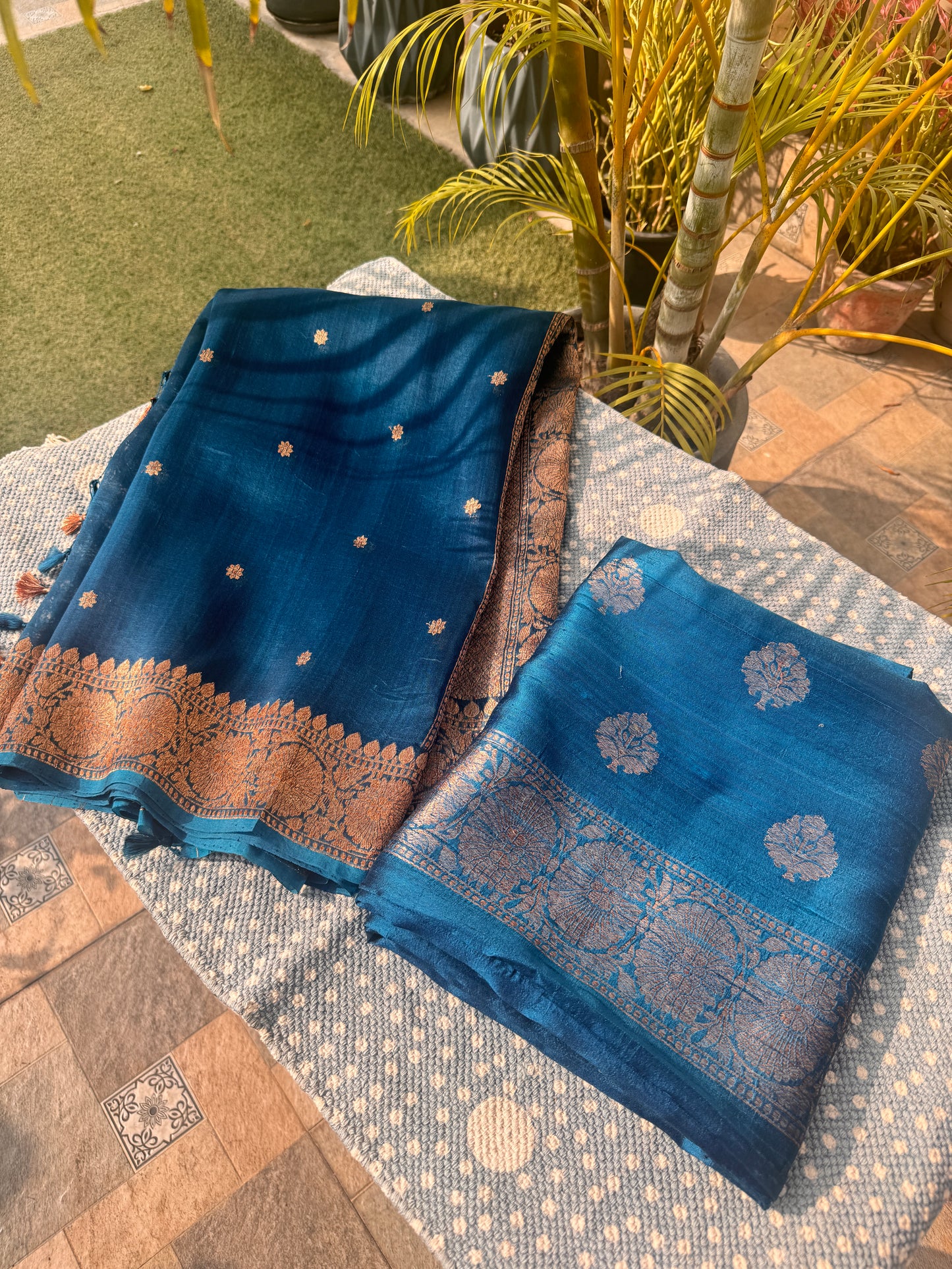 Teal Blue Pure Raw Silk Handloom Suit Set with  Kora Silk Dupatta