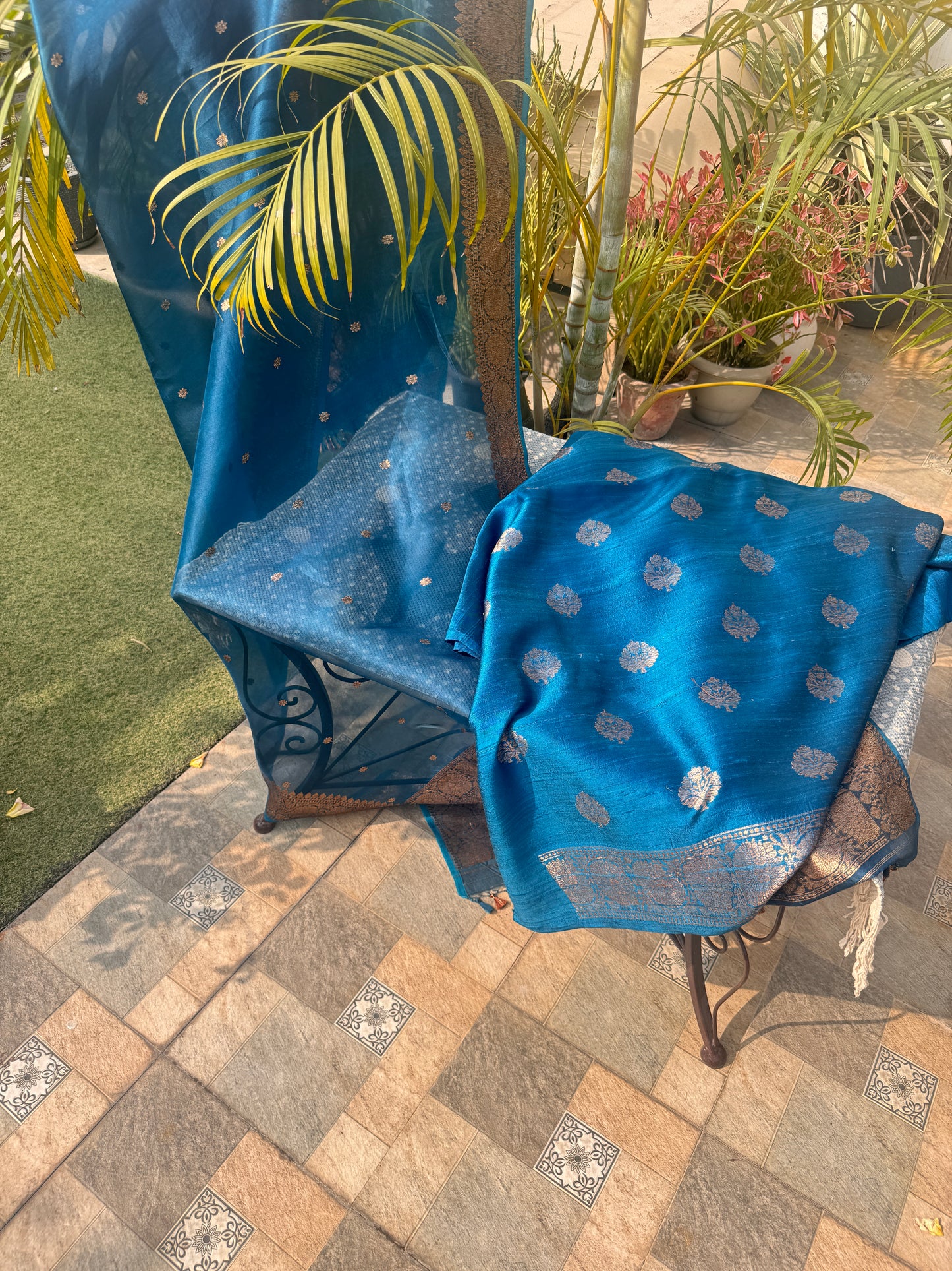 Teal Blue Pure Raw Silk Handloom Suit Set with  Kora Silk Dupatta