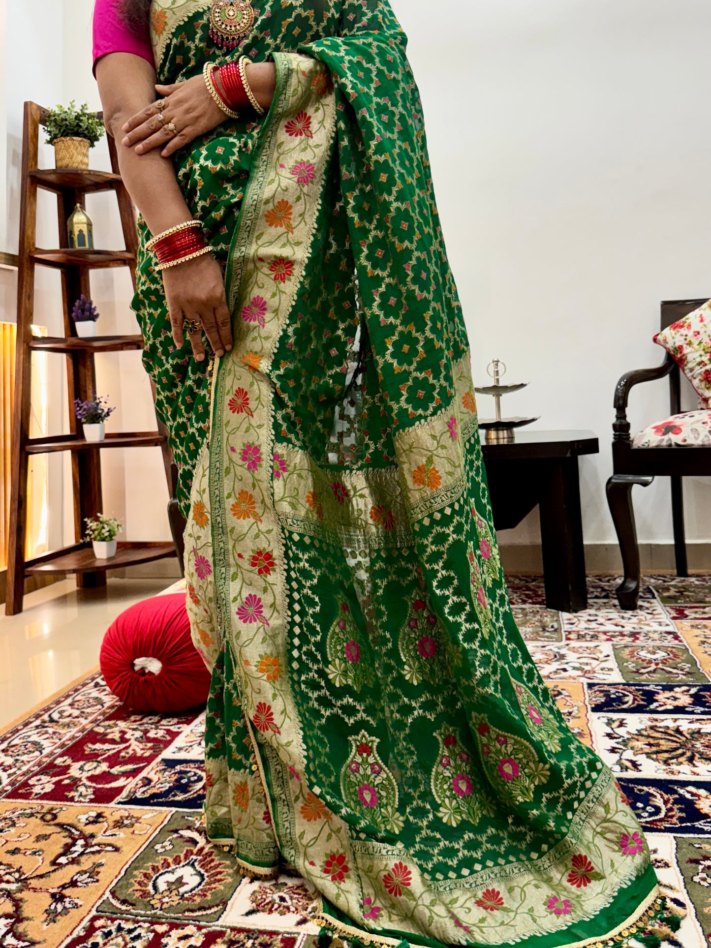 Bottle Green Pure Khaddi Georgette Handloom Banarasi Saree