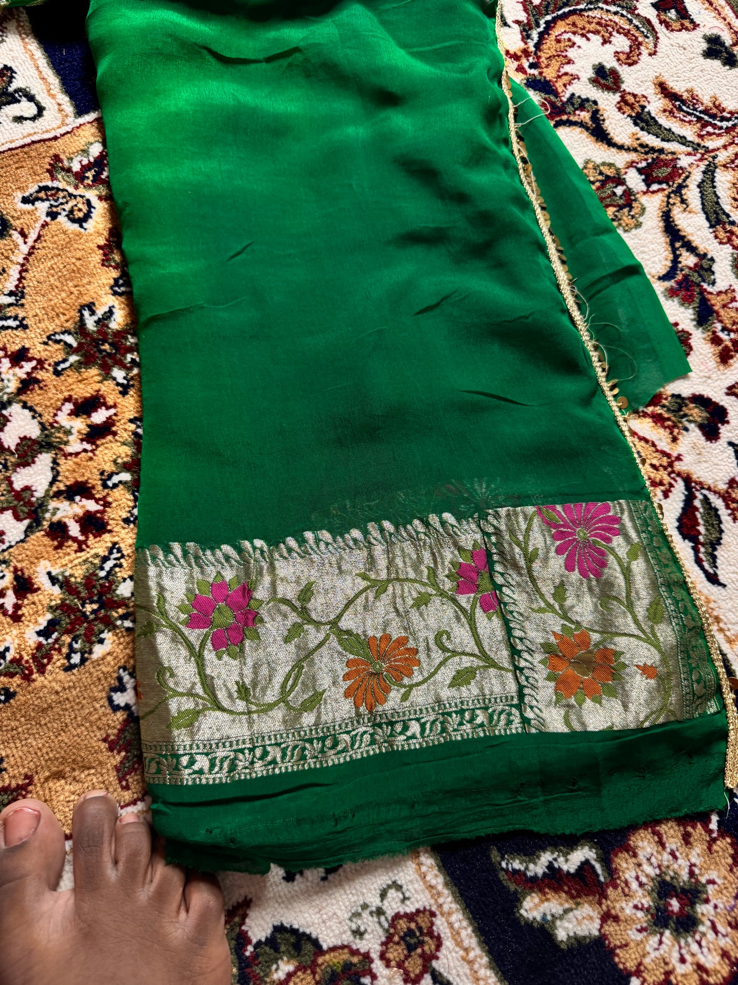Bottle Green Pure Khaddi Georgette Handloom Banarasi Saree