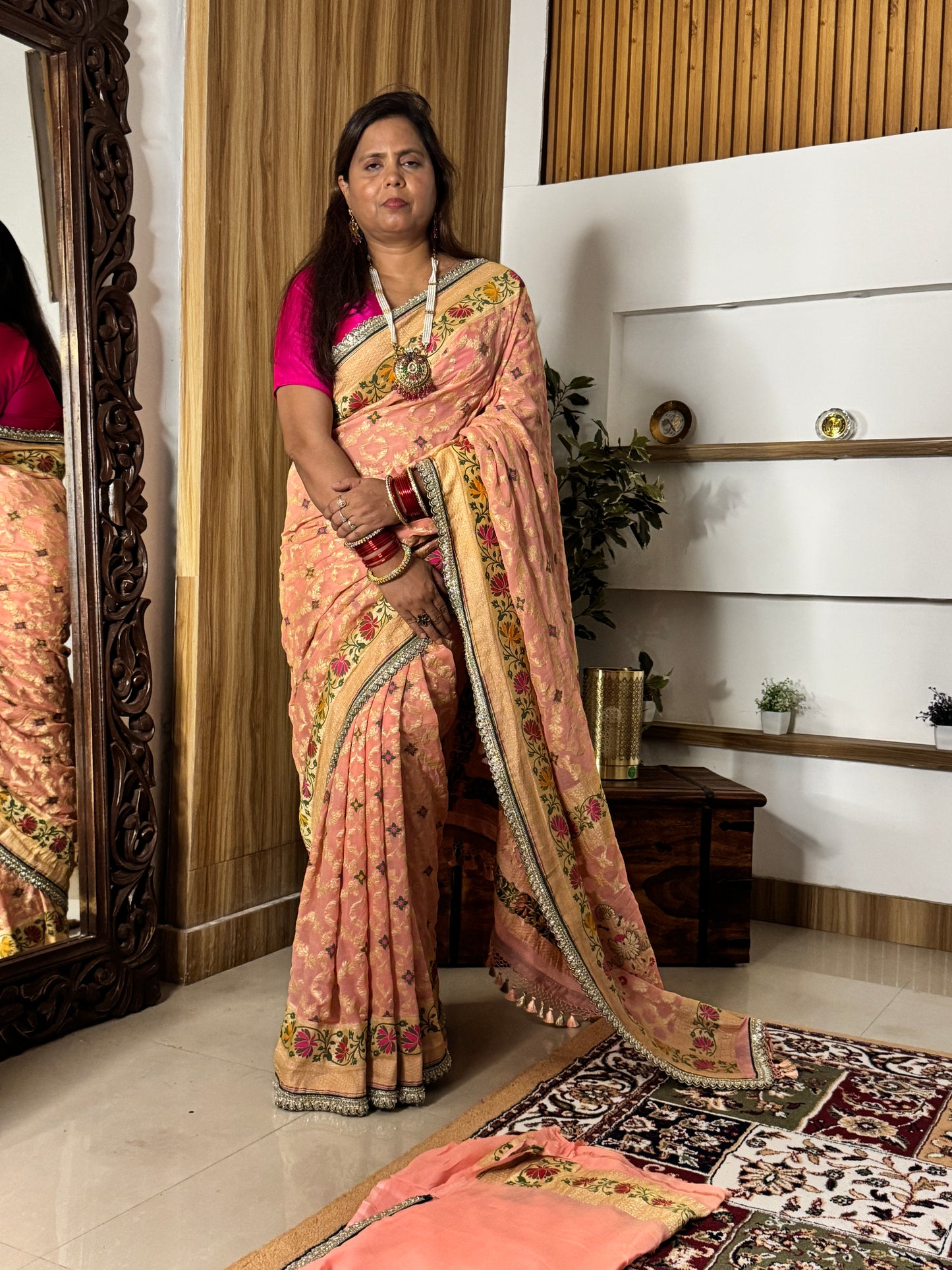Peach Pure Khaddi Georgette Handloom Banarasi Saree