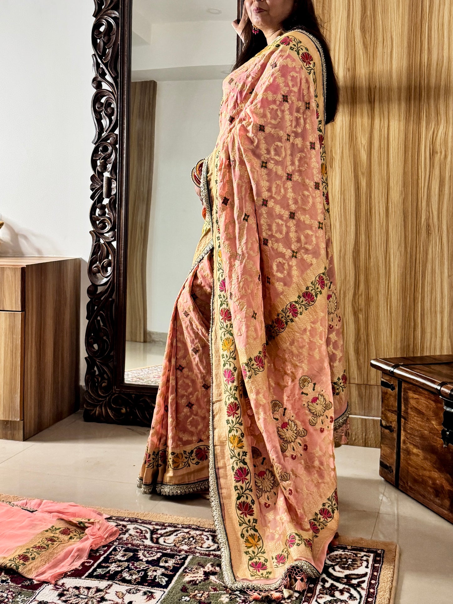 Peach Pure Khaddi Georgette Handloom Banarasi Saree