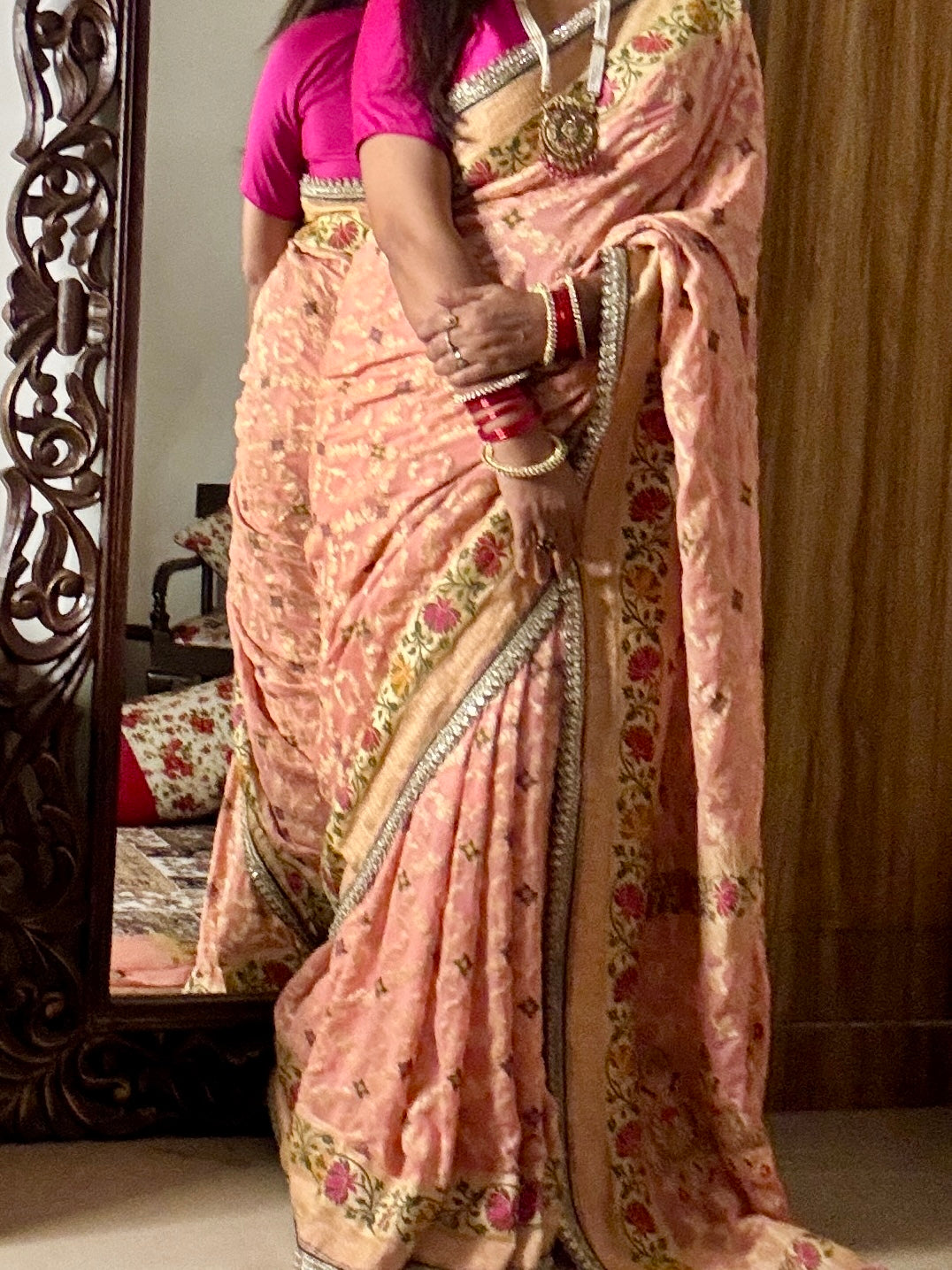 Peach Pure Khaddi Georgette Handloom Banarasi Saree