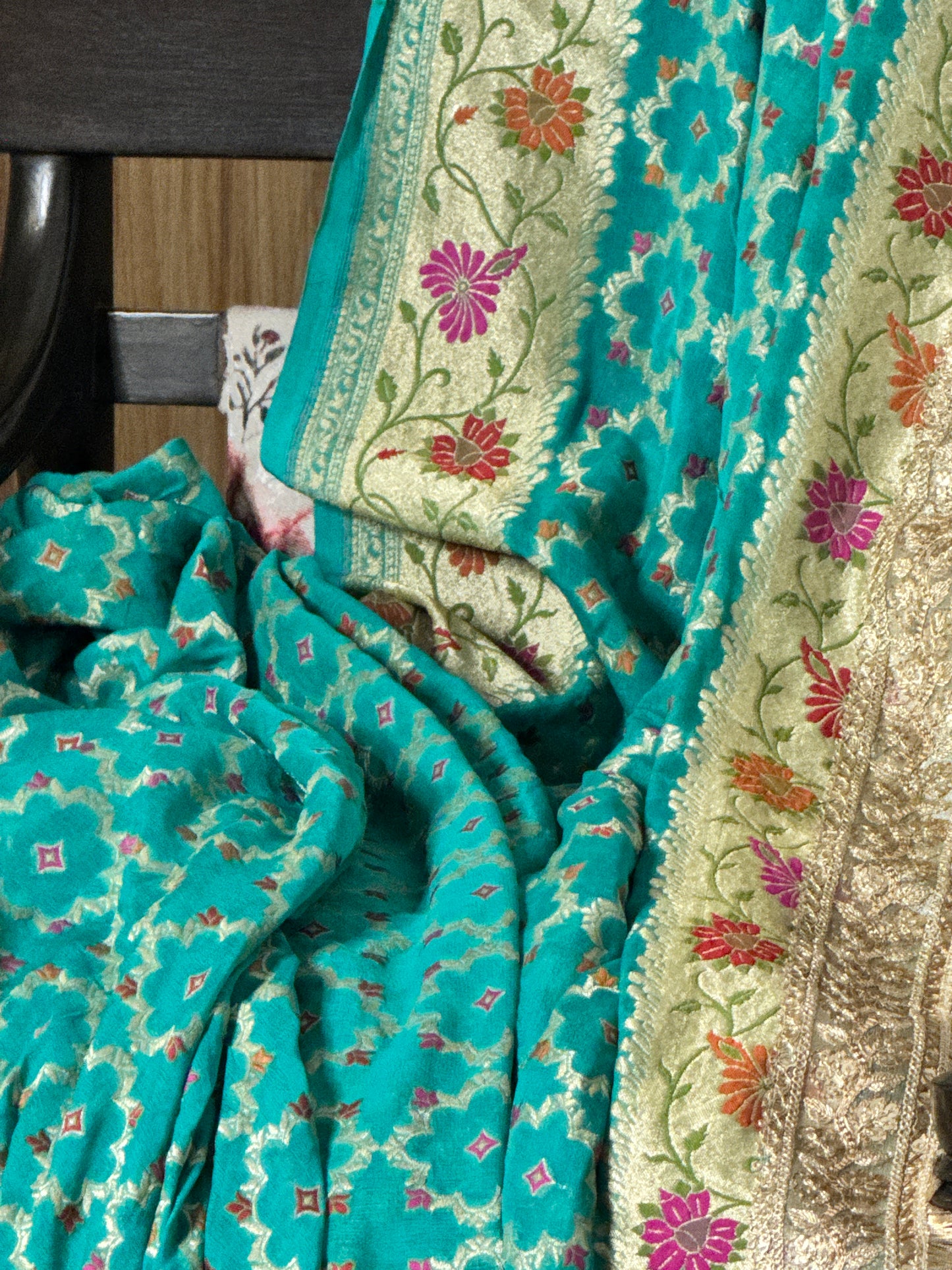 Sea Green  Pure Khaddi Georgette Handloom Banarasi Saree