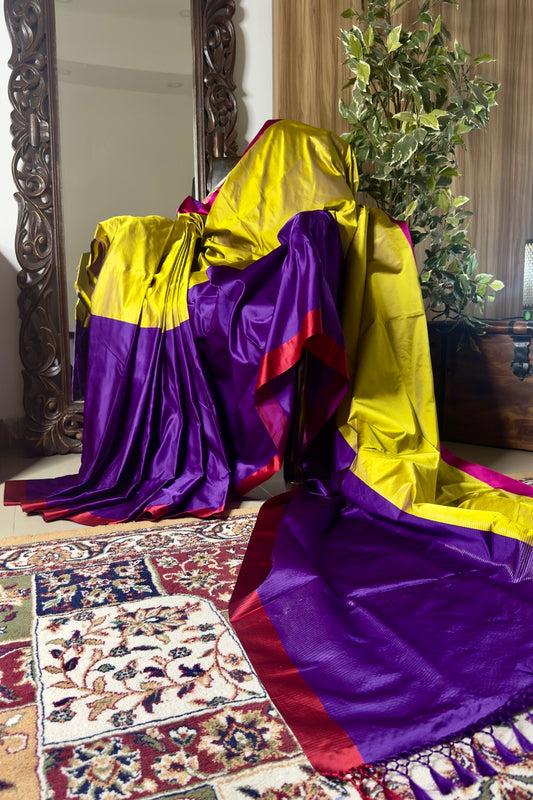 Purple and Lime Green Pure Satin Silk Handloom  Banarasi Saree