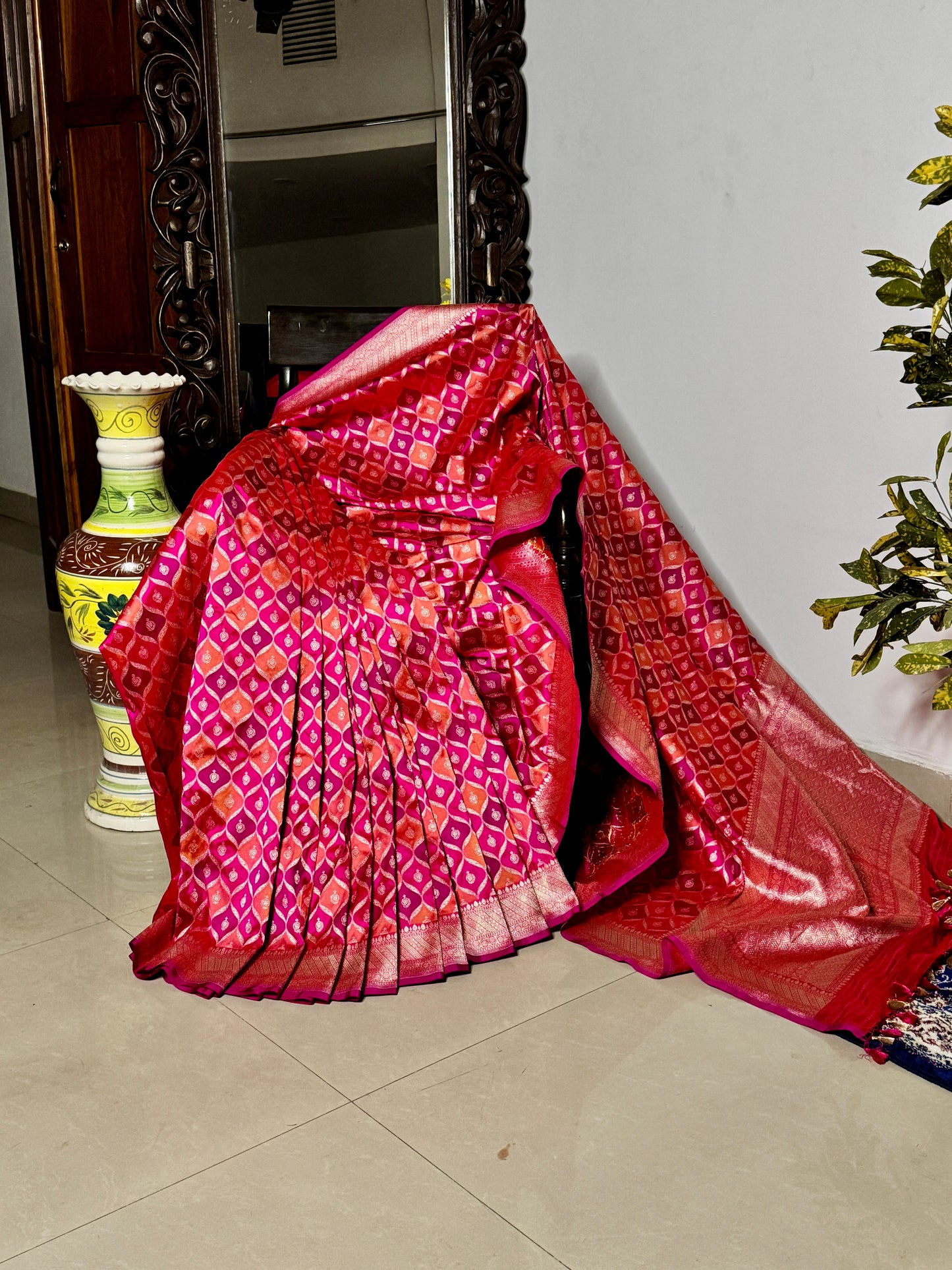Orange Pink  and Purple Pure Katan Silk Handloom  Saree