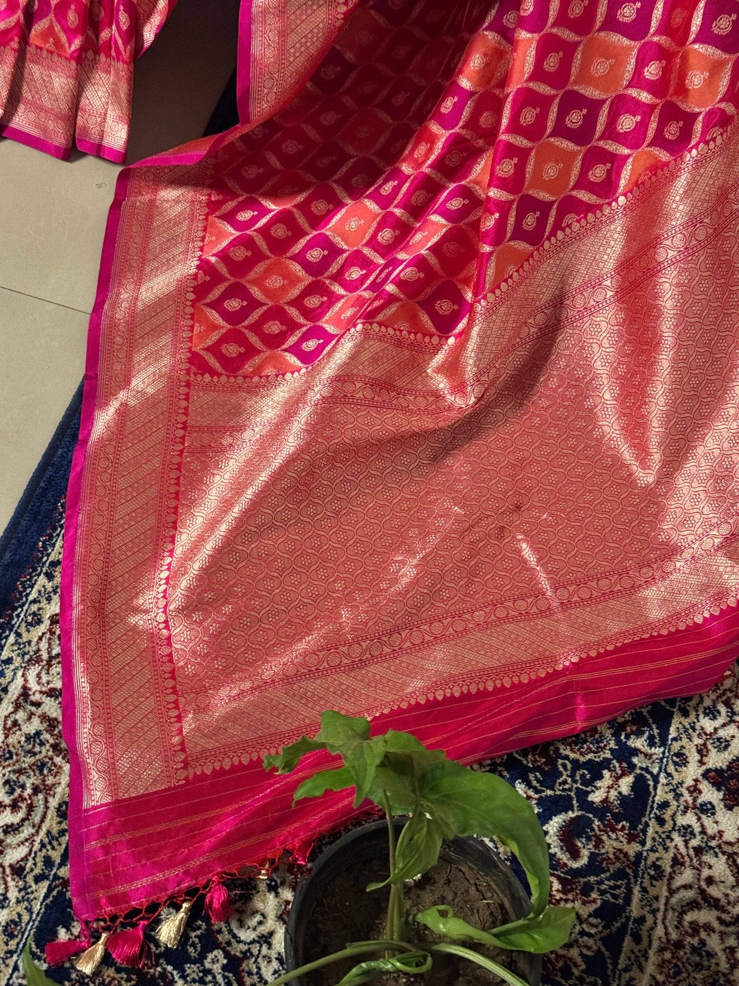 Orange Pink  and Purple Pure Katan Silk Handloom  Saree