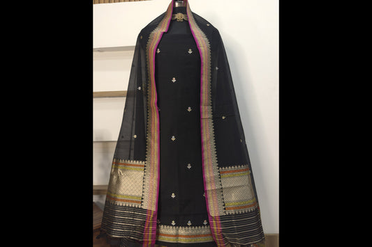 Black Pure Cotton Handloom Banarasi Suit