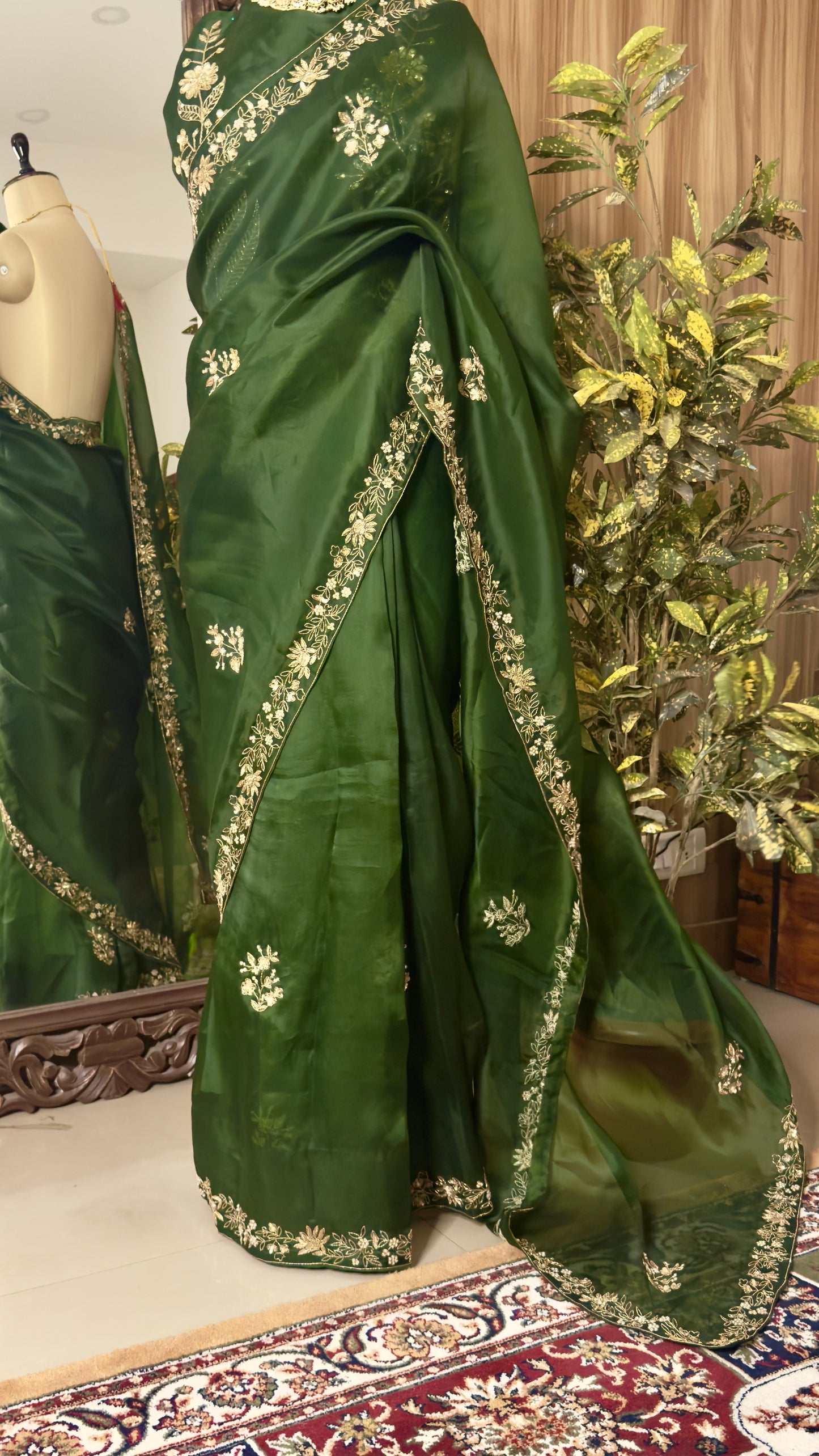 Forest Green Pure Kora  Silk Hand work Banarasi Saree