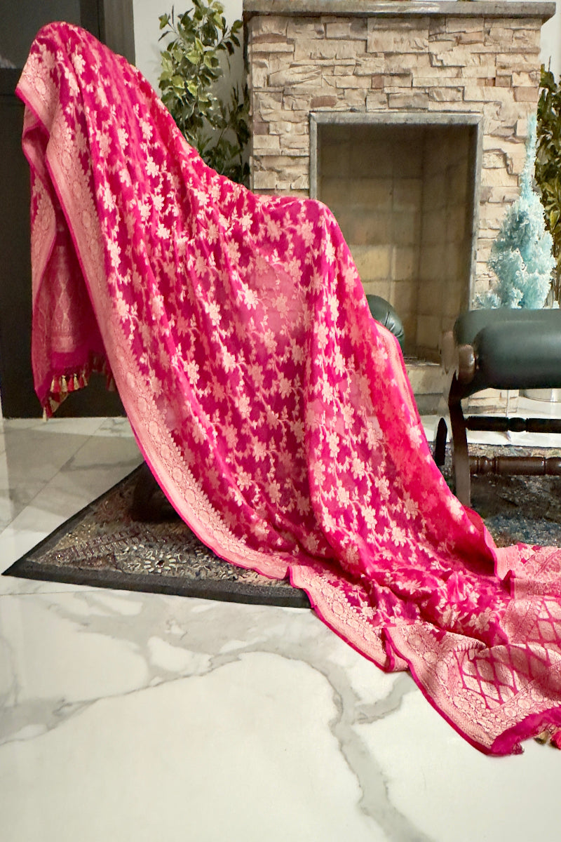 Fuchsia Pink Pure Khaddi Georgette Handwoven Banarasi Dupatta