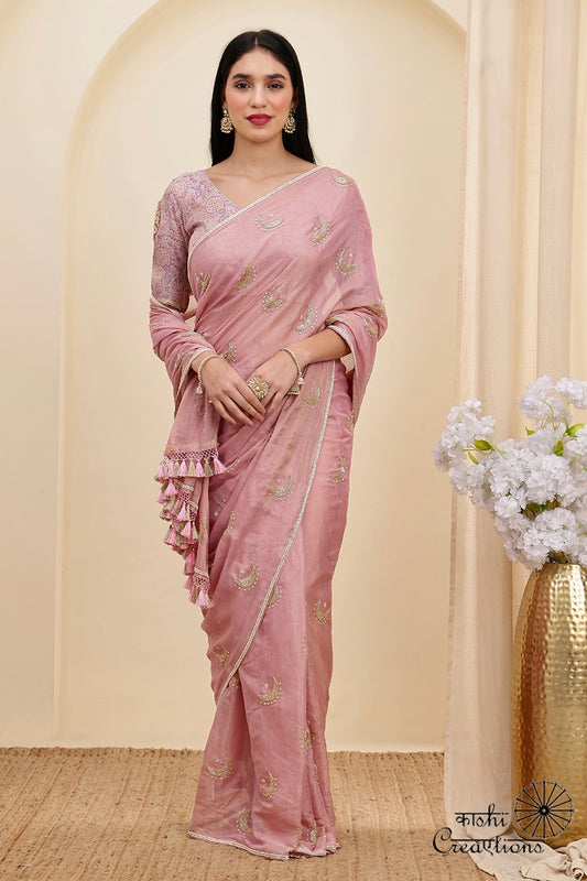 Blush Pink Pure Tissue Silk Hand work Banarasi Saree