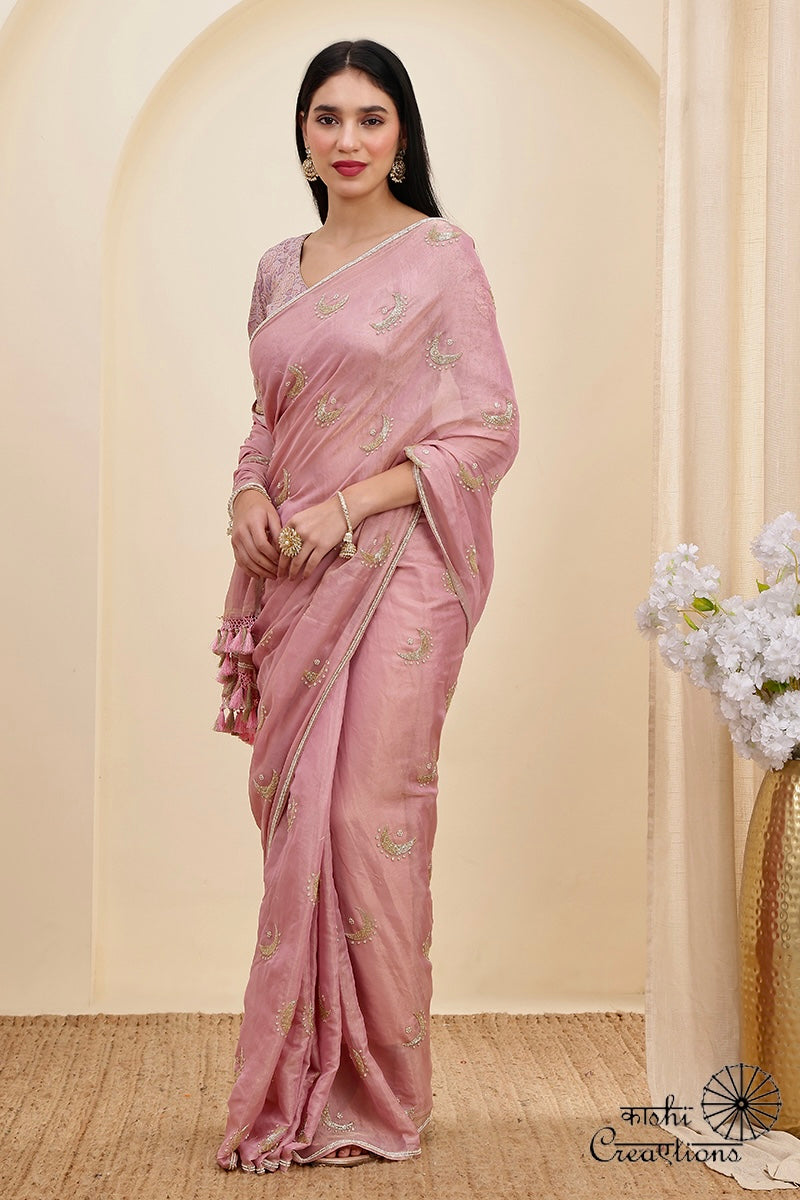Blush Pink Pure Tissue Silk Hand work Banarasi Saree
