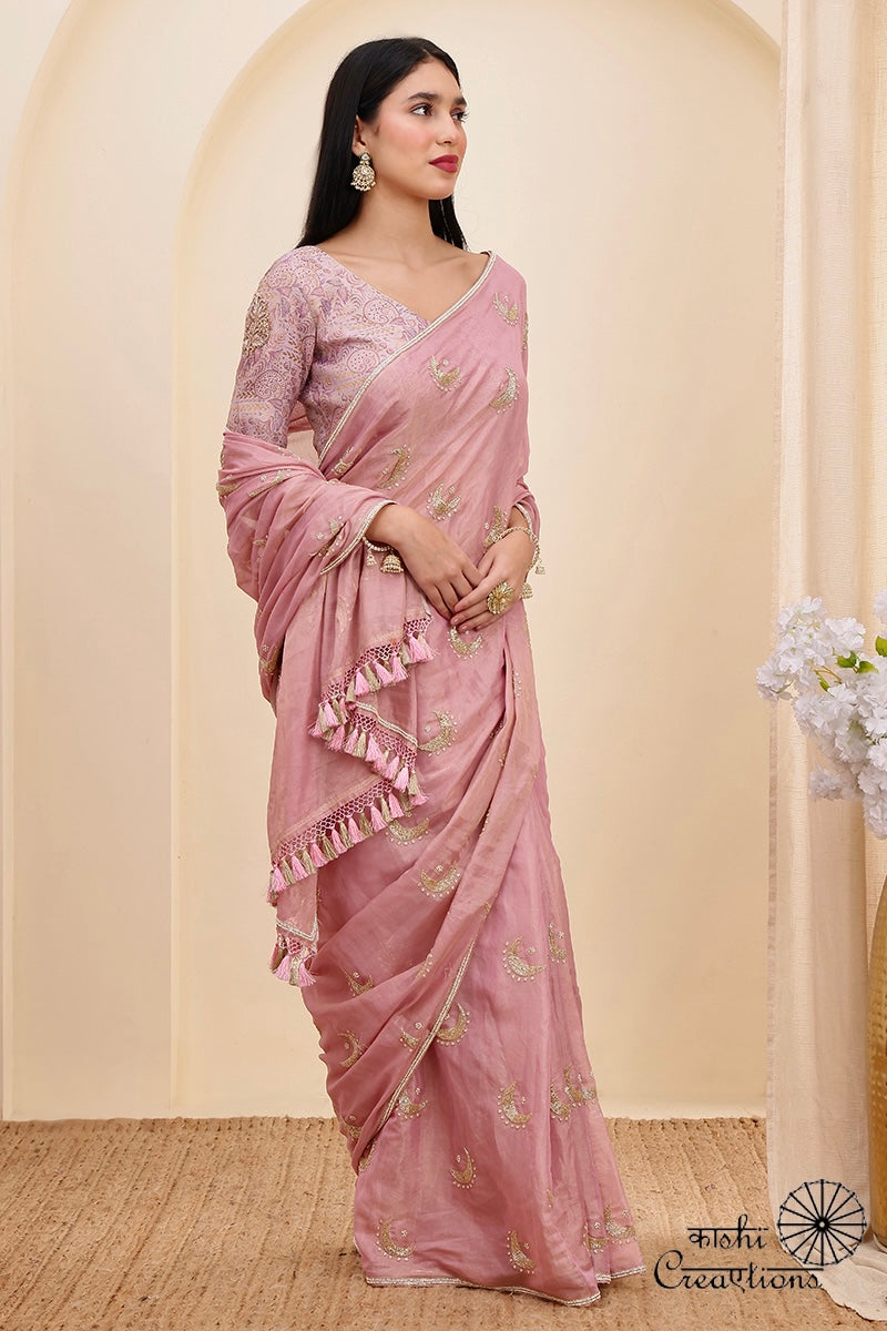 Blush Pink Pure Tissue Silk Hand work Banarasi Saree
